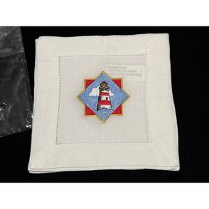 NEW Embroidered Beach Coast Oceanside Napkins 6" x 6" Set Of 4 Lighthouse Boats